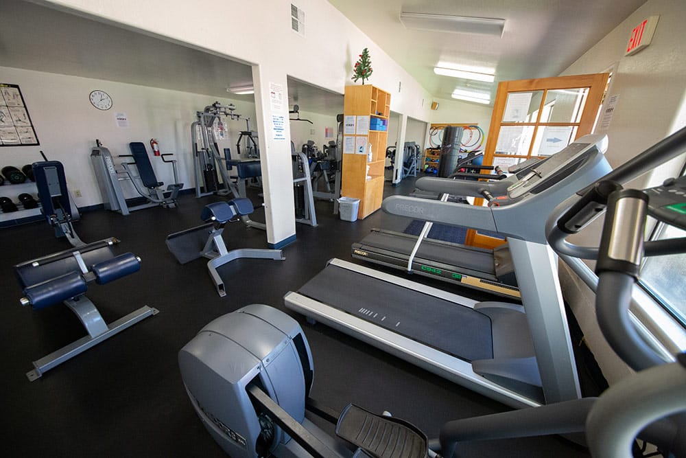 Gym with treadmills, weights, and exercise machines