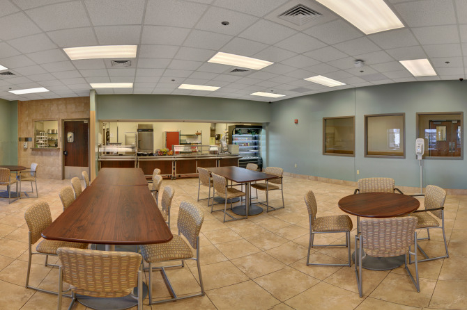 Dining area with round and rectangular tables