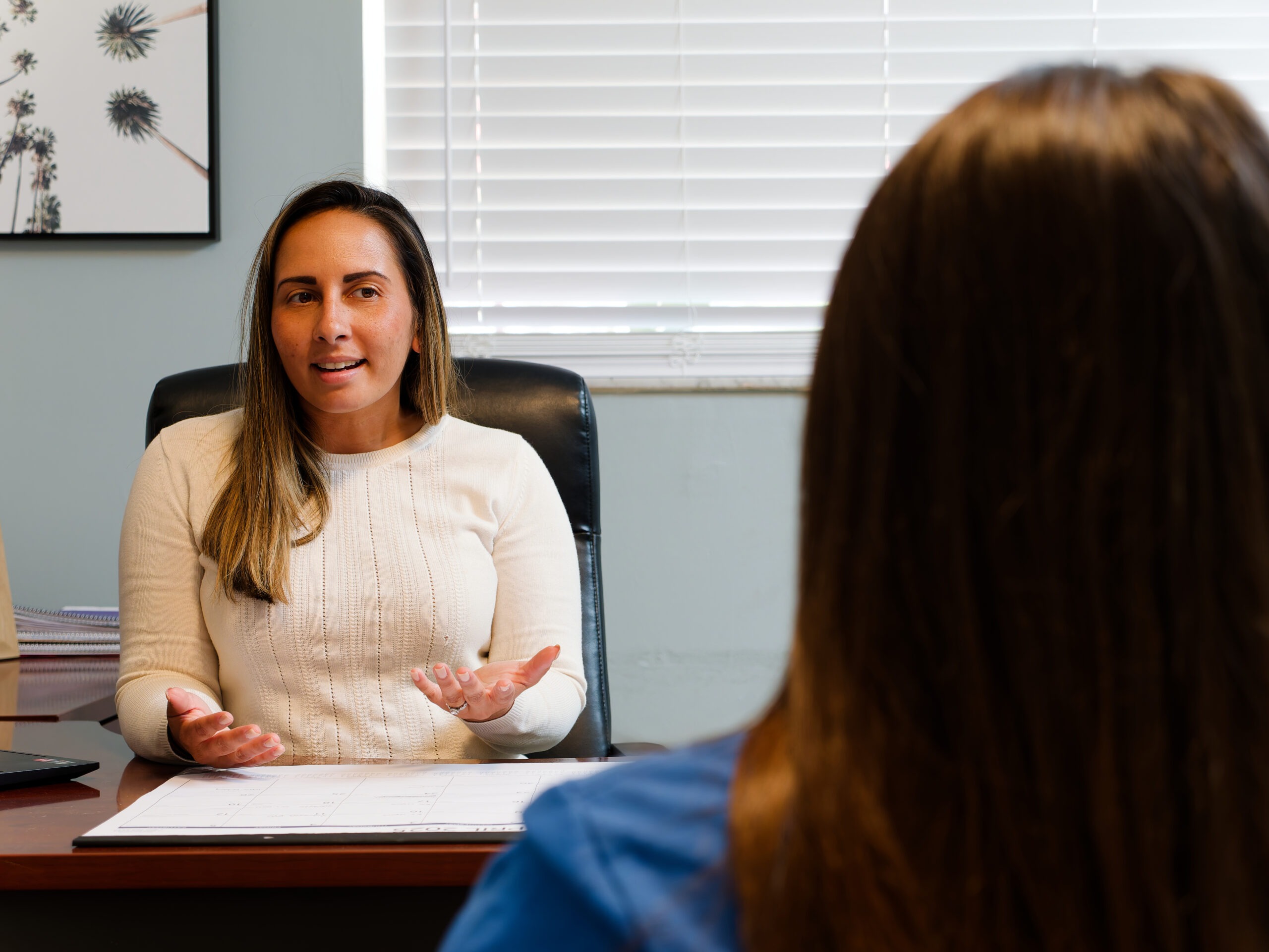 Therapist speaking with a client during a one-on-one session.