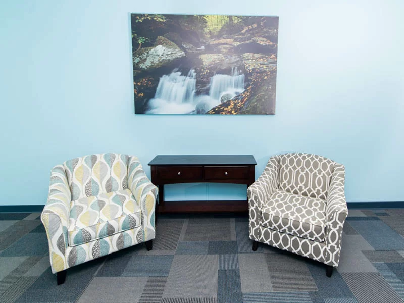 Pair of cozy chairs with waterfall art on wall