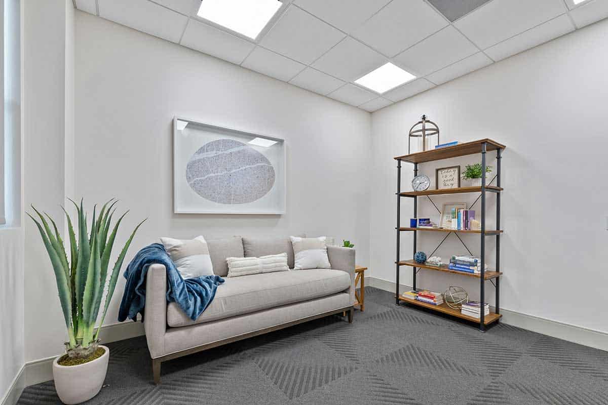 Cozy reading lounge with sofa and bookshelf