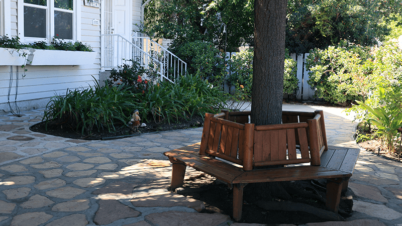 Outdoor courtyard with shaded bench and landscaped garden paths
