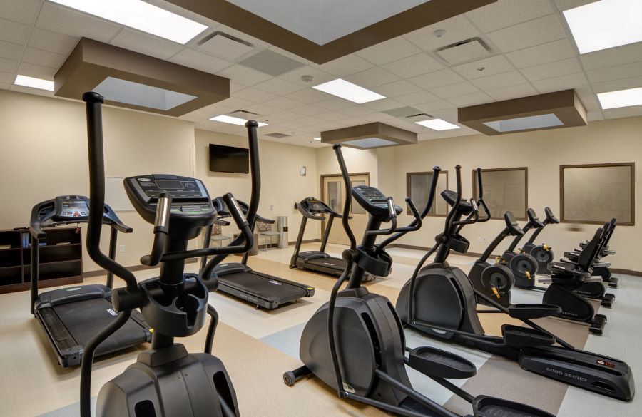 Treadmills and ellipticals in a clean workout room