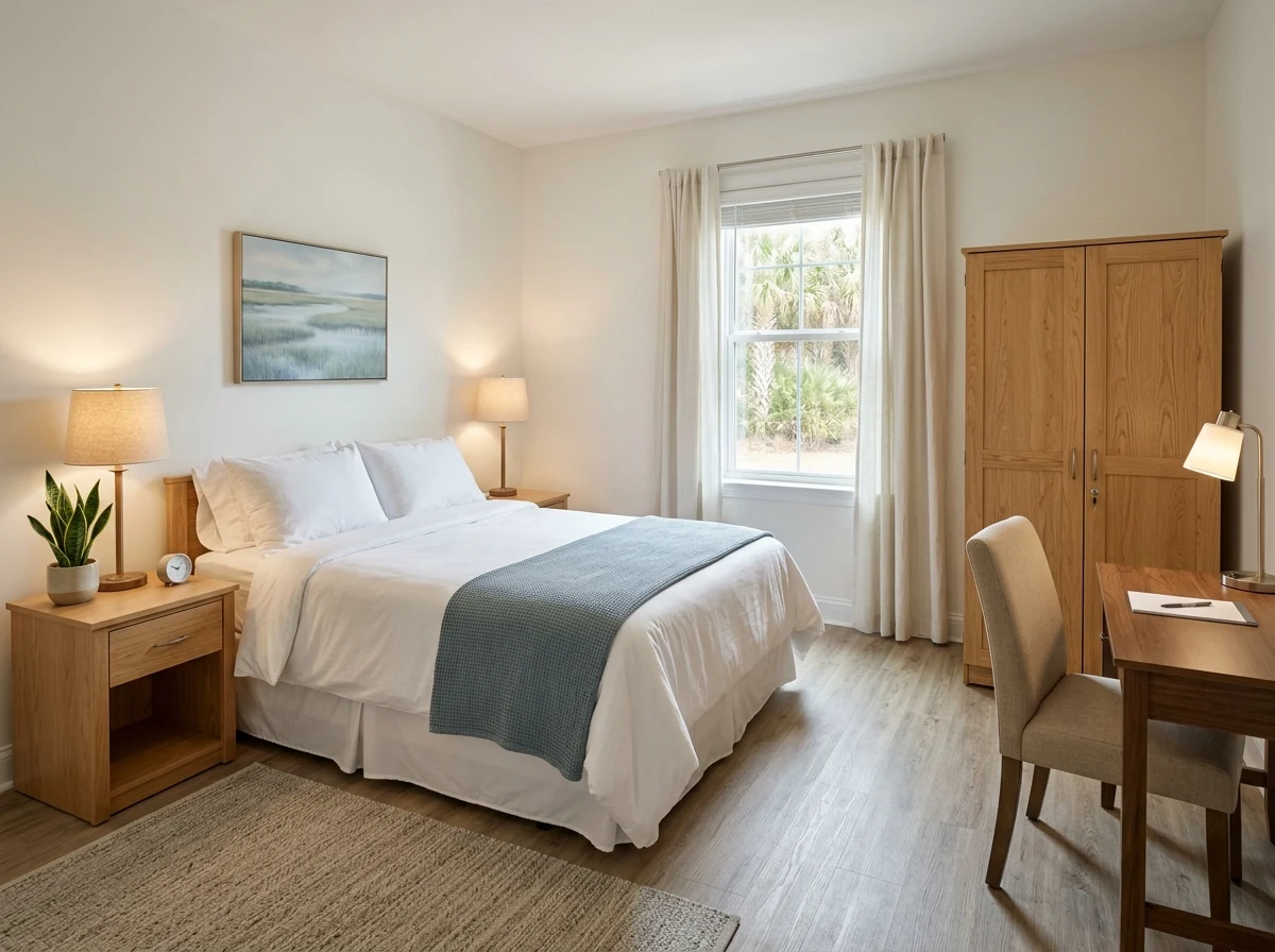 Bedroom with white bedding, wooden furniture, and a desk