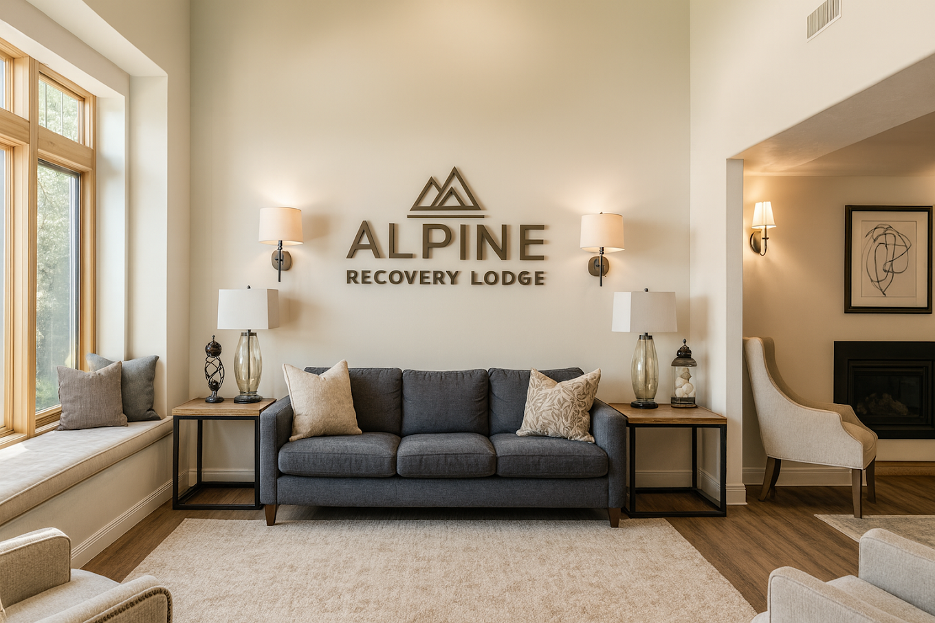Reception lounge with couch, lamps, and Alpine Recovery Lodge sign