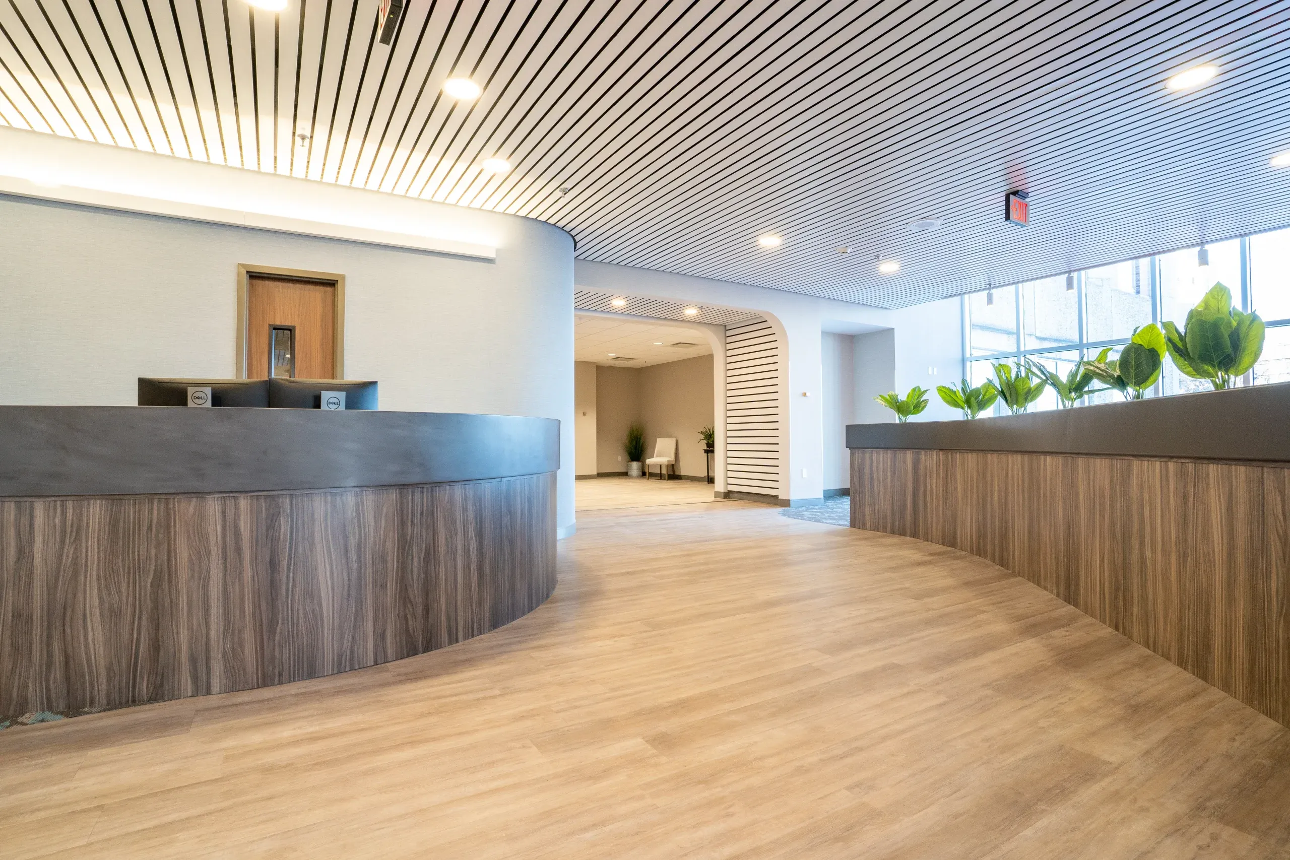 Bright hallway with plants and curved wood reception desk.