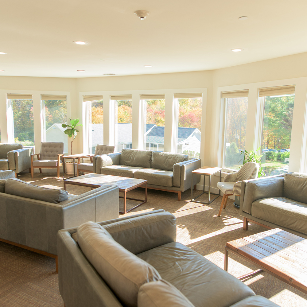 Lounge area with sofas and tables.