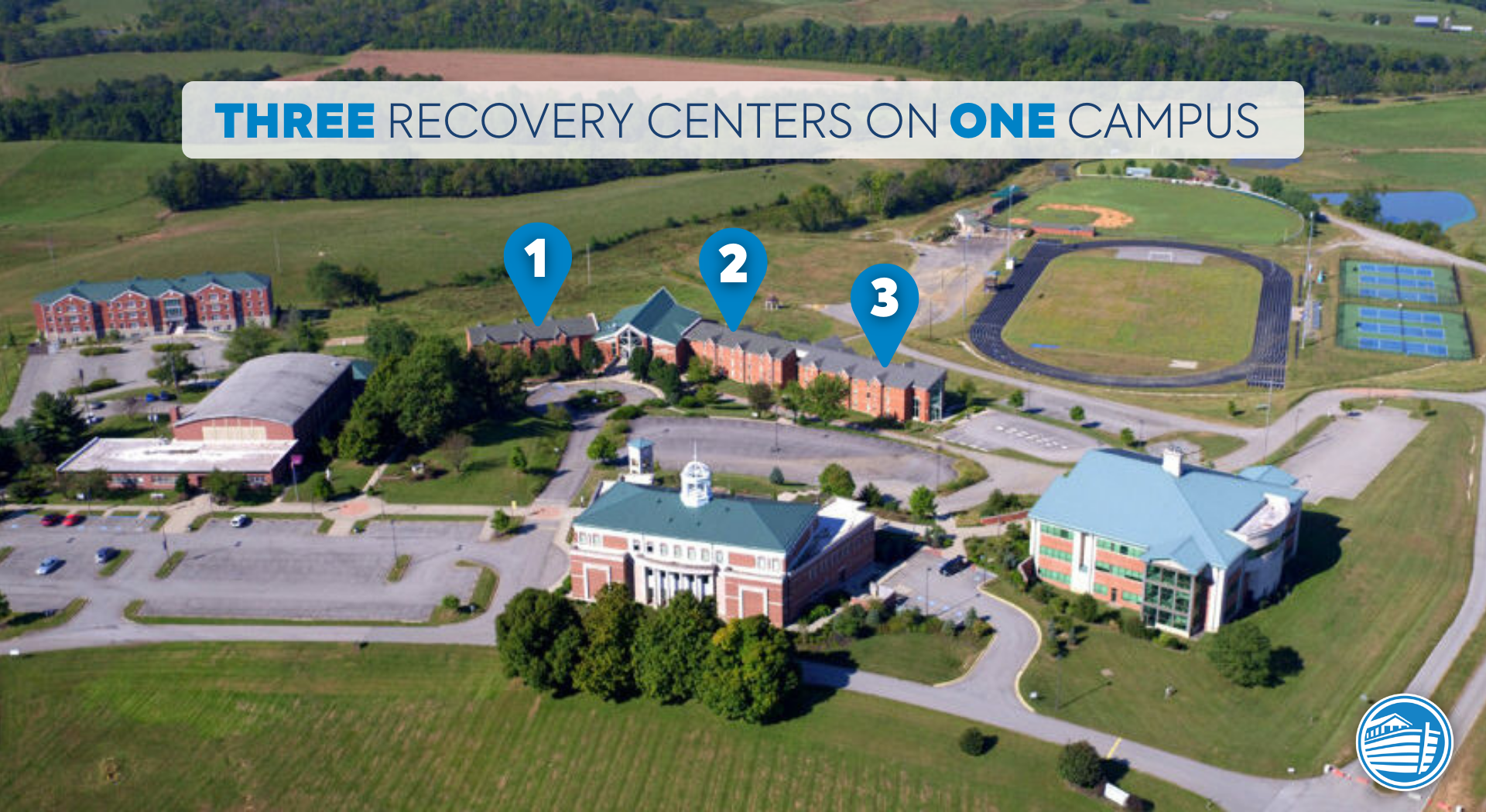 Aerial view with three recovery centers marked on campus