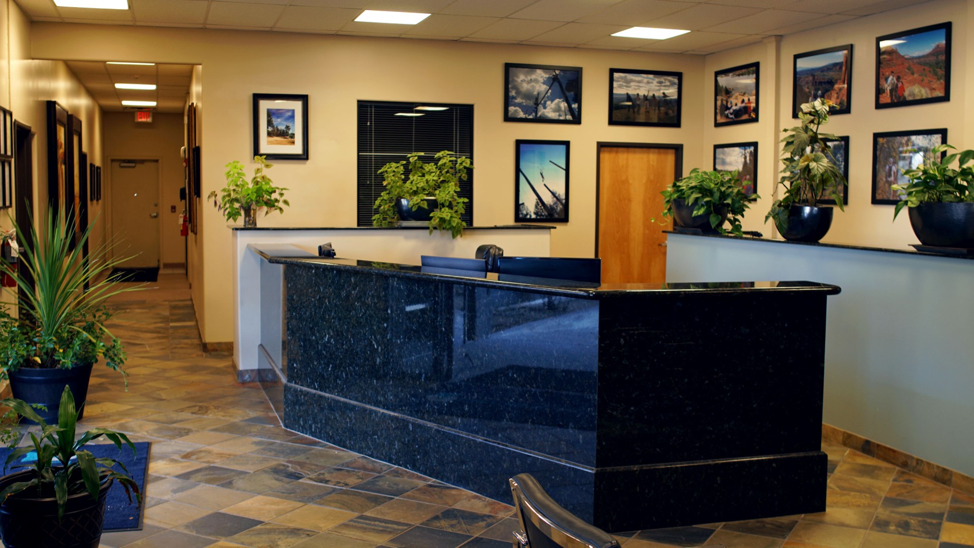 Reception area with a counter and decor.