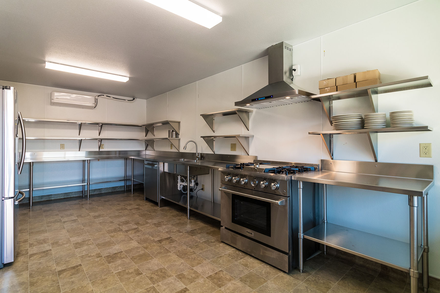 Commercial kitchen used to prepare meals for residents