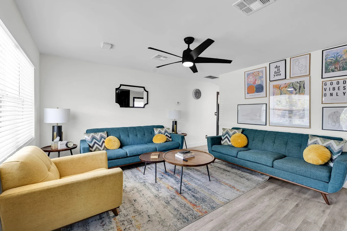 Bright living room with sofas and group seating area