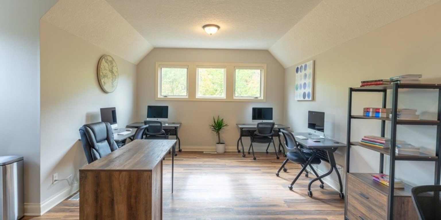 Study room with desks and desktop computers