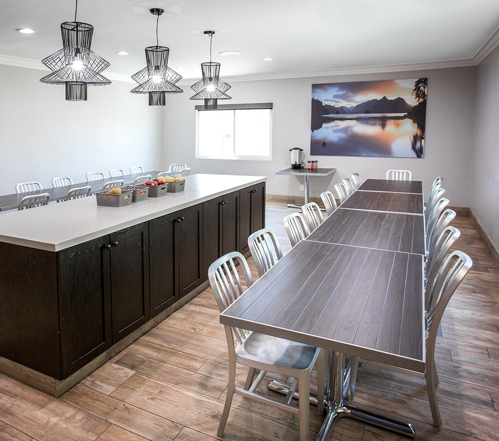 Dining room with two long tables and modern light fixtures