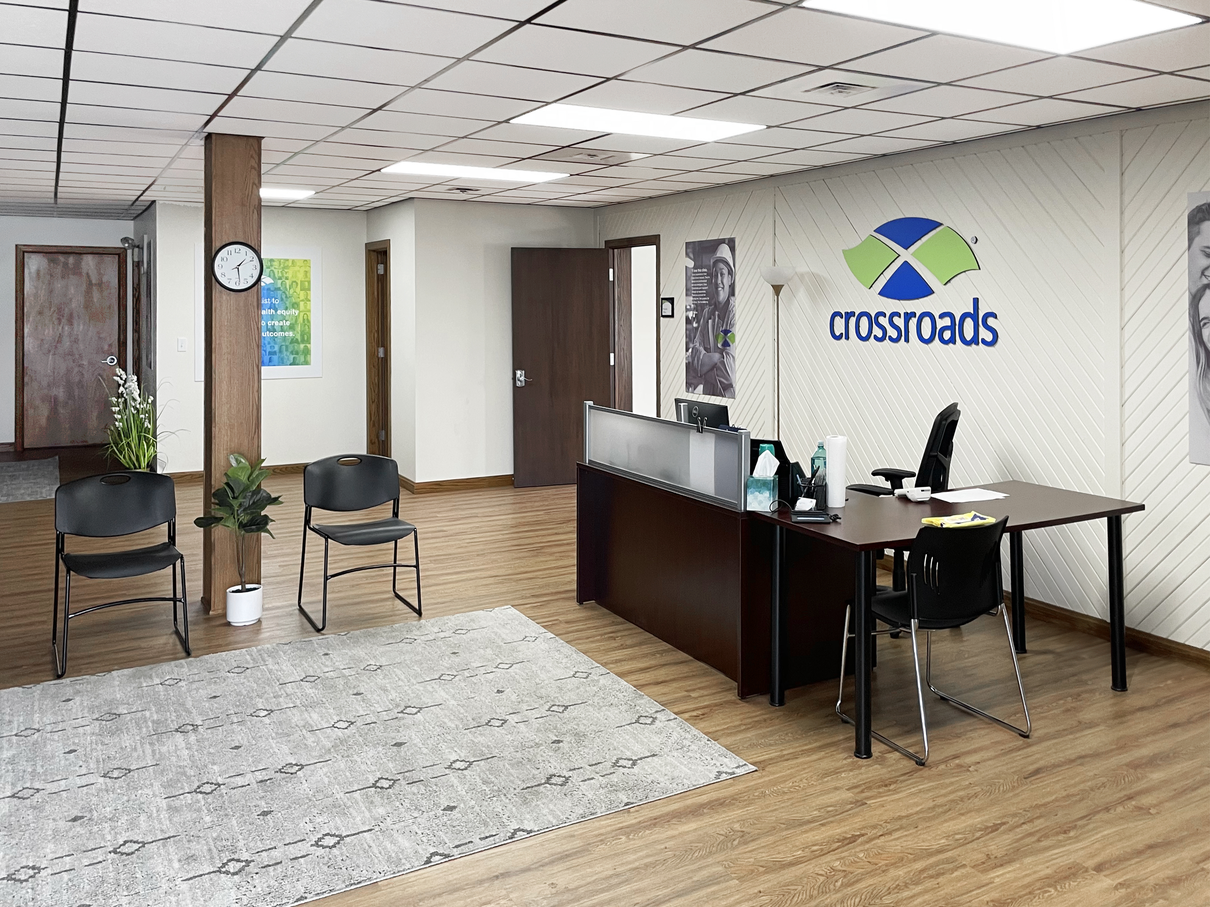 Open reception area with seating and front desk