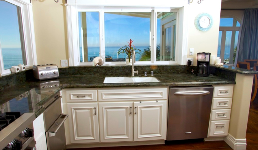 Modern kitchen with ocean views.