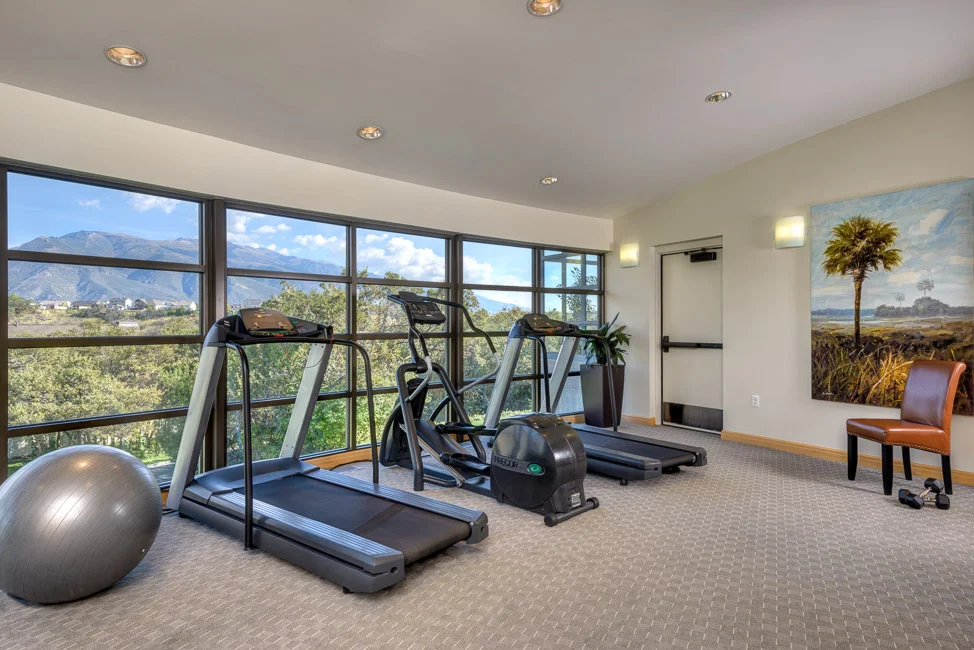 Fitness room with treadmills and large windows.