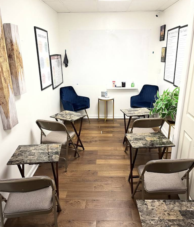 Group therapy room with chairs and small tables