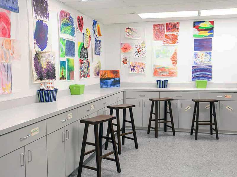 Art therapy room with stools and colorful paintings