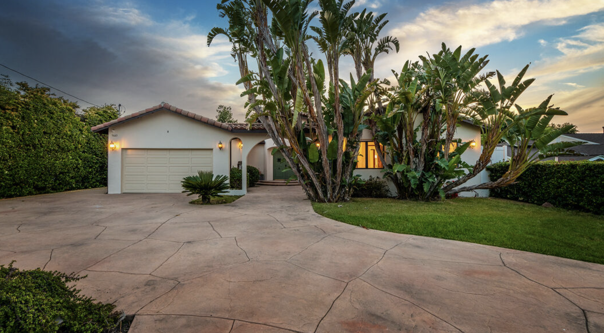 A rehab facility exterior with tropical plants and warm lighting.