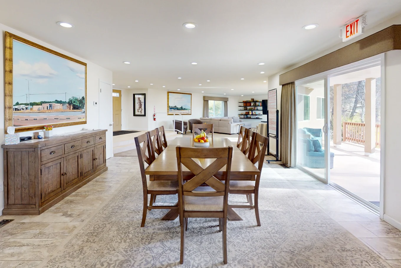 Dining table with chairs in open-plan common room