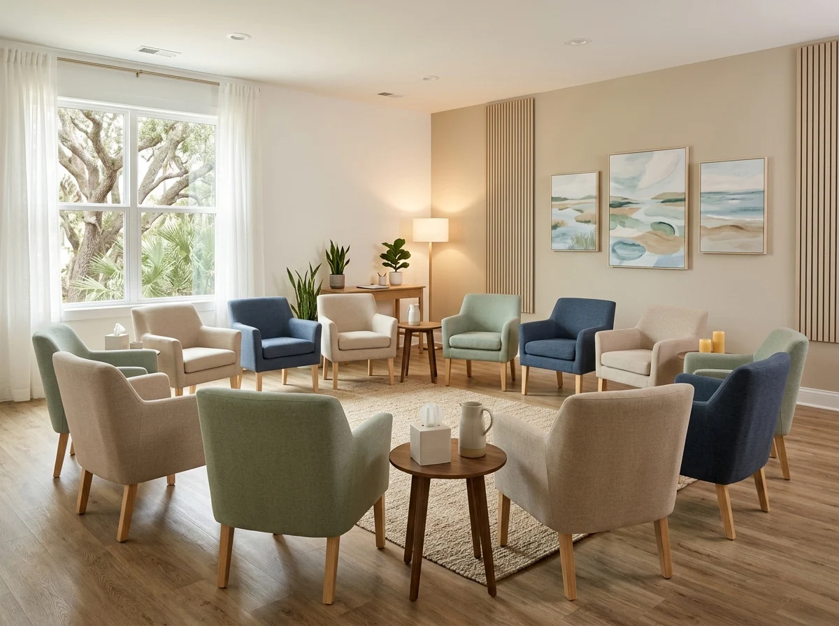 Bright lounge with armchairs arranged around small tables