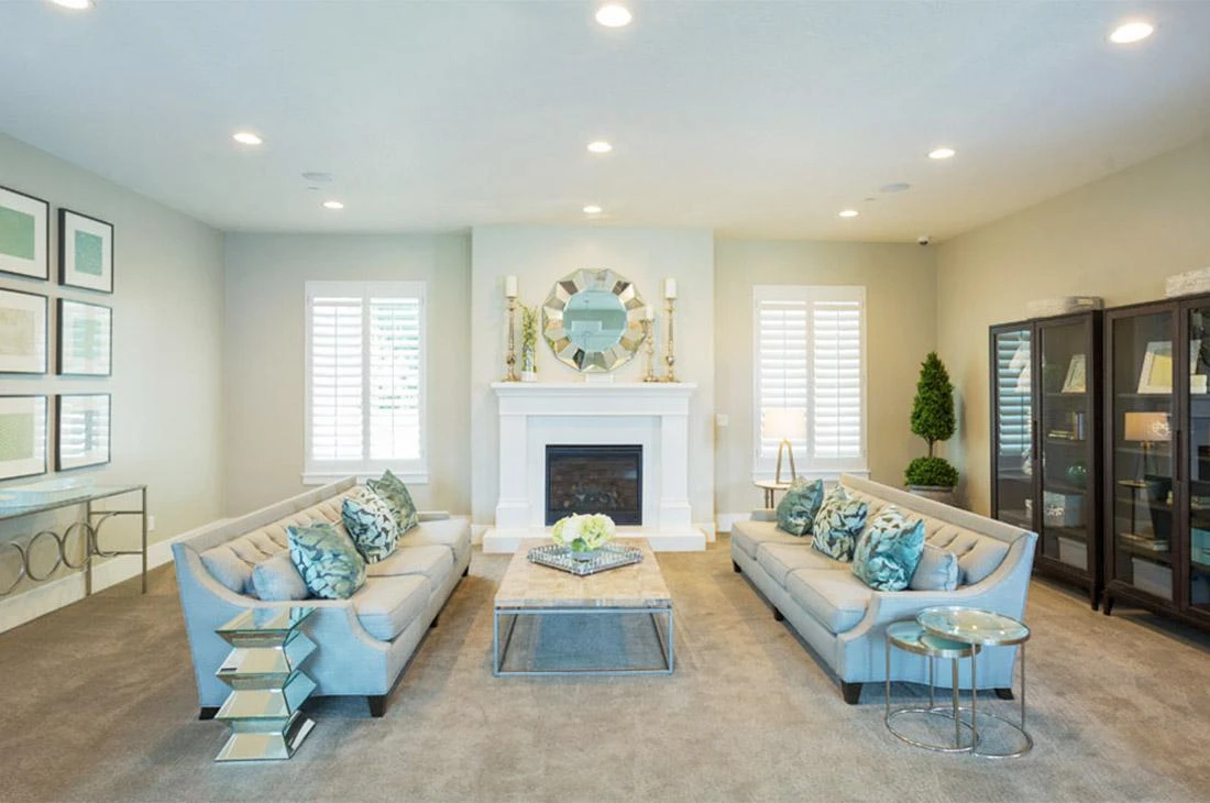 Stylish living room with fireplace, sofas, and soft lighting