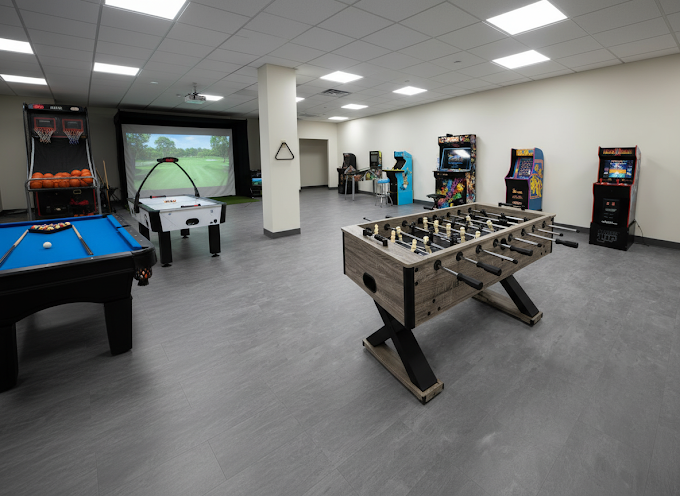 Game room with pool table, foosball, and arcade machines
