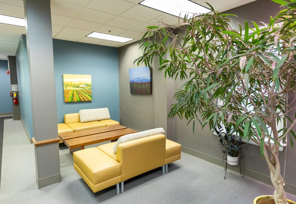 Waiting area with yellow chairs and wall art