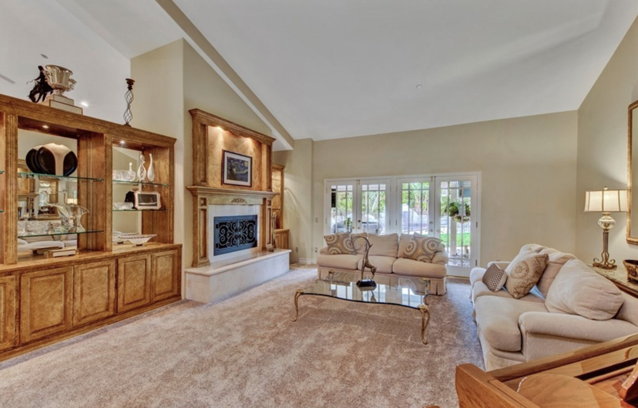 Living room with seating and a fireplace.