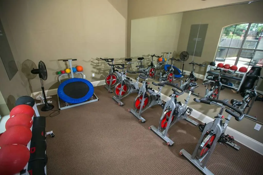 Stationary bikes and workout balls in mirrored room