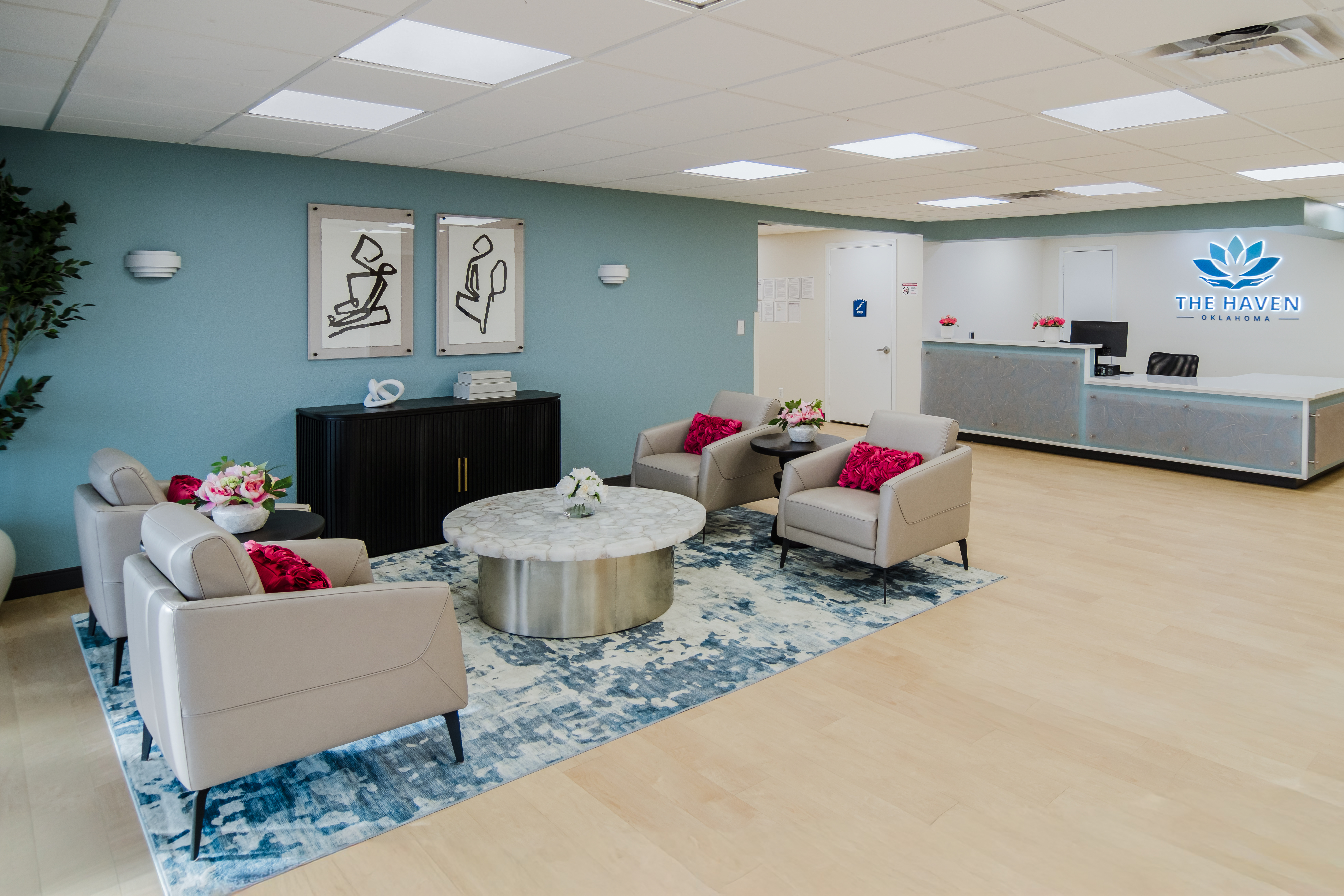 Lobby with seating area and reception desk.