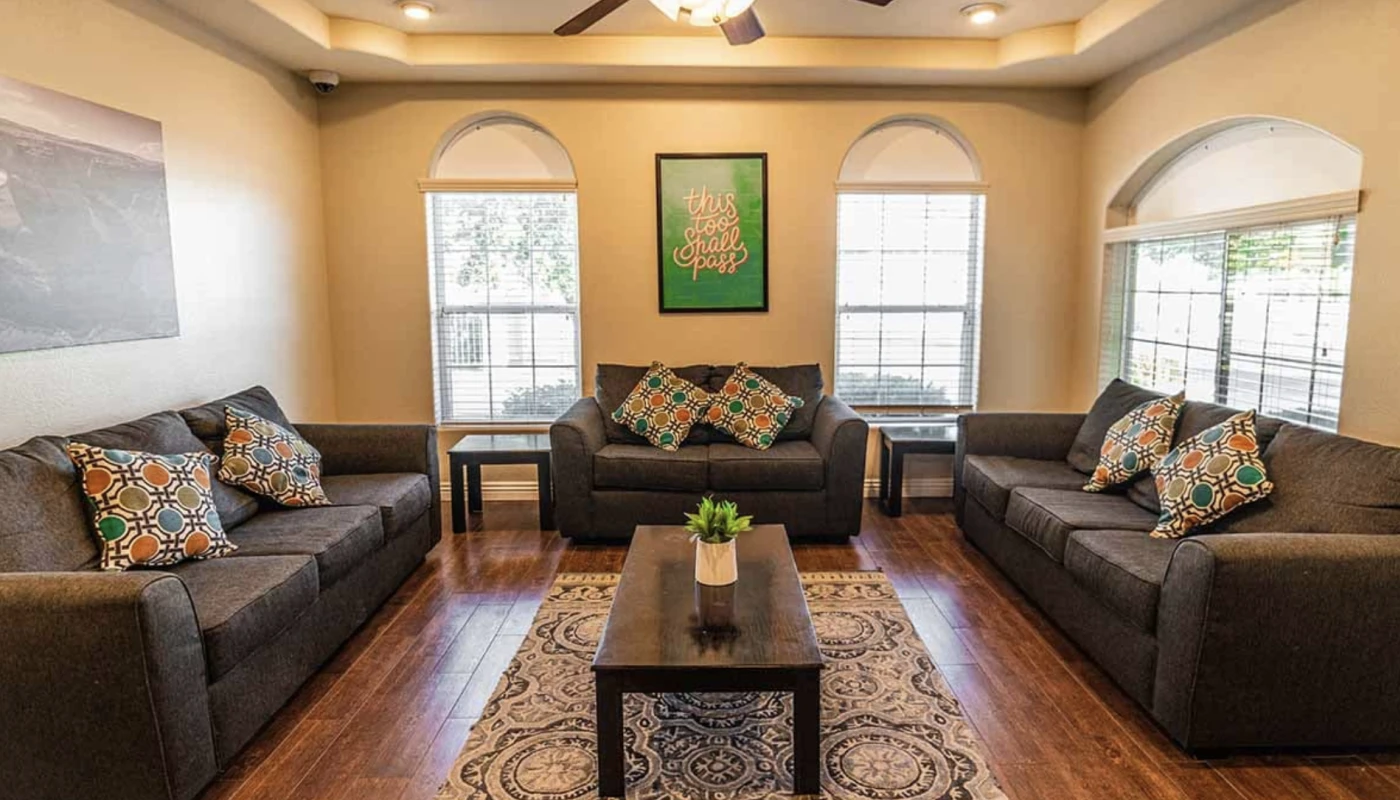 Sunny lounge with large windows and grey couches