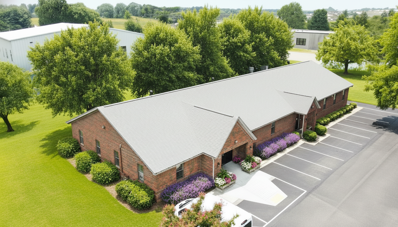 Aerial view of brick facility with landscaped grounds and parking lot.