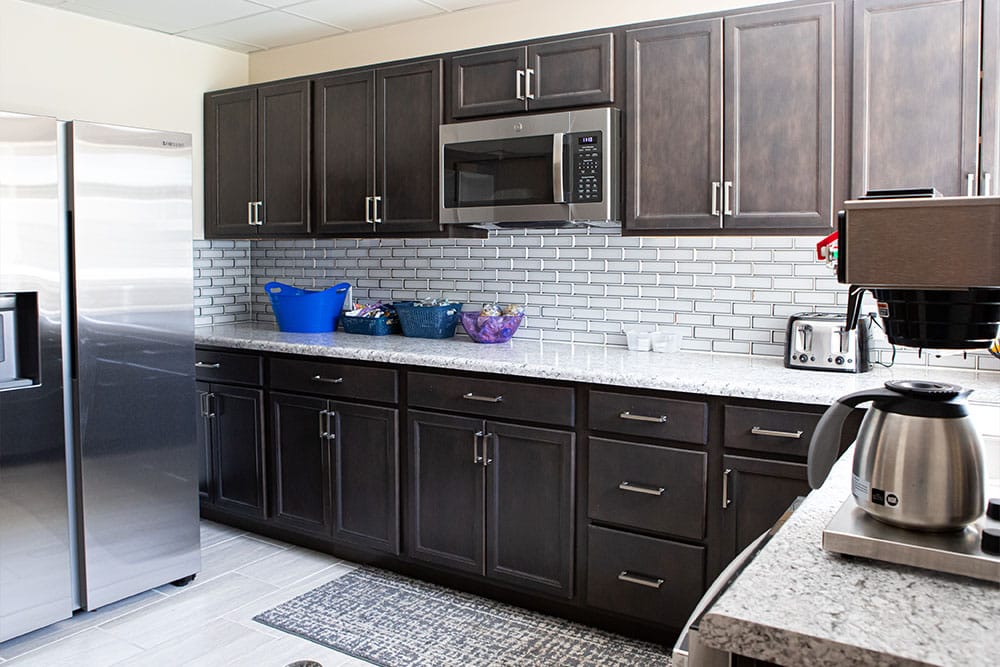 Coffee station and fridge in kitchen-style snack room