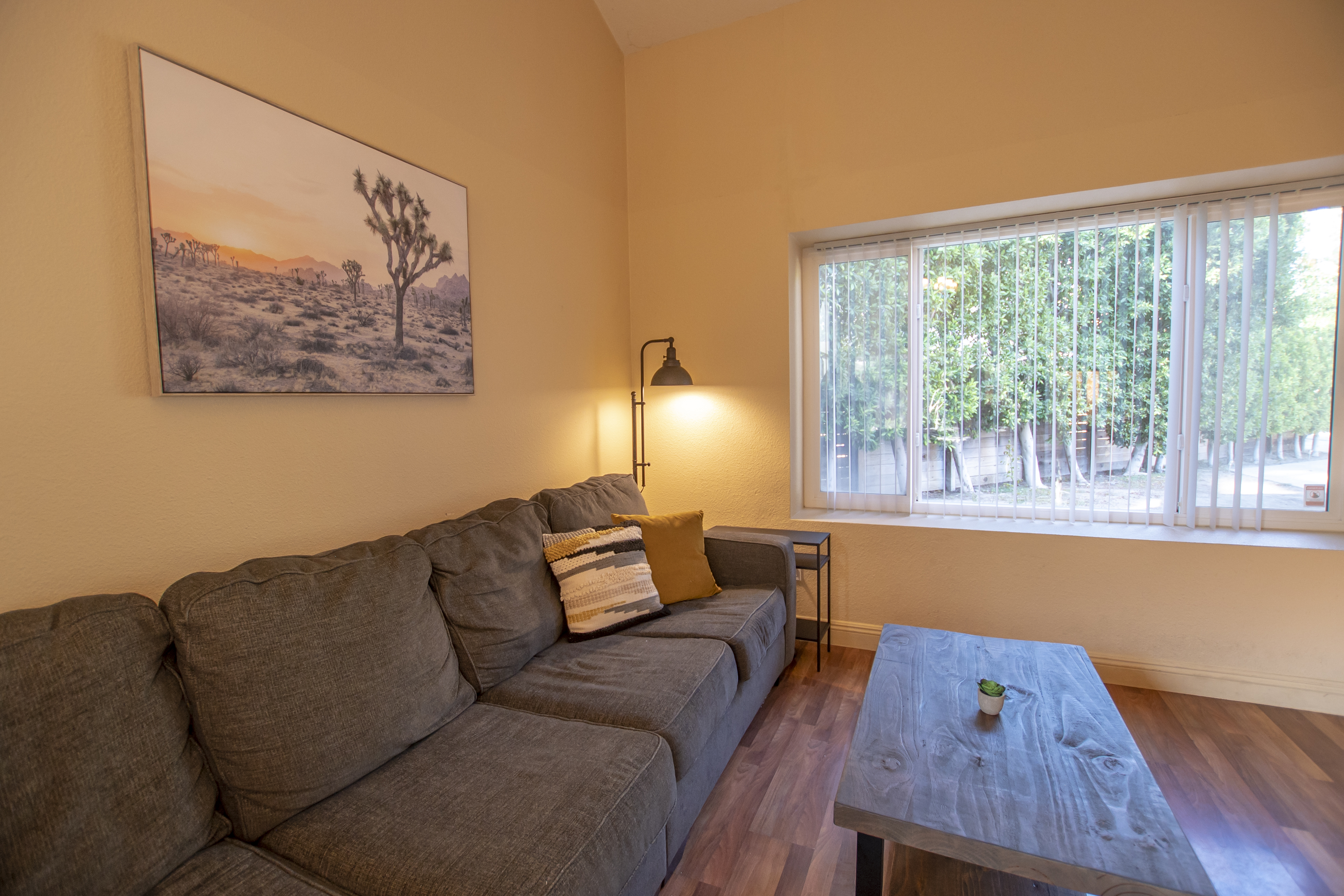 Gray sectional by window and desert landscape art