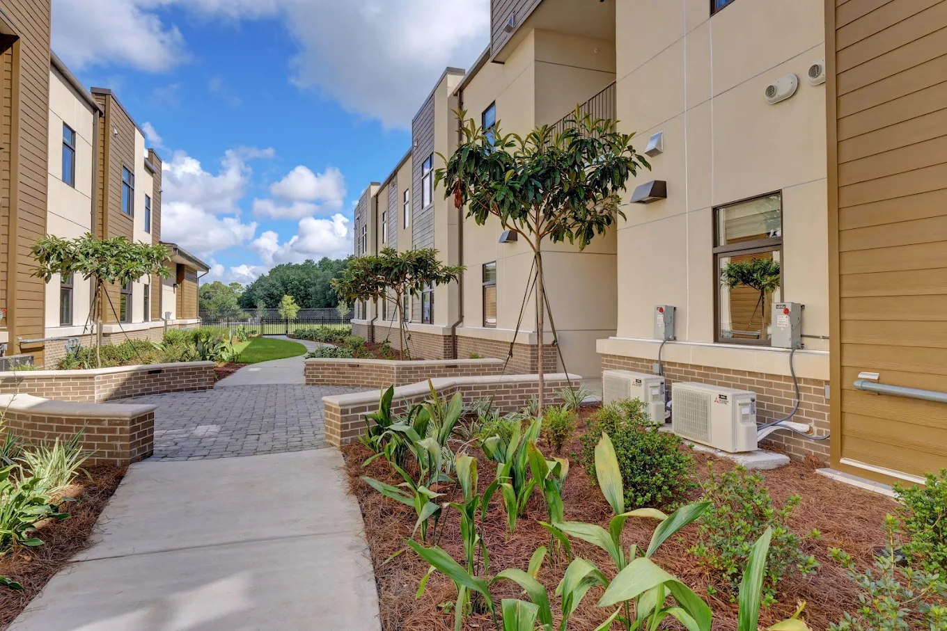 Landscaped courtyard between residential buildings