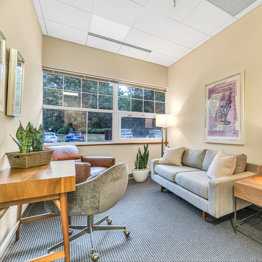 Therapy room with a sofa, chair and a desk.