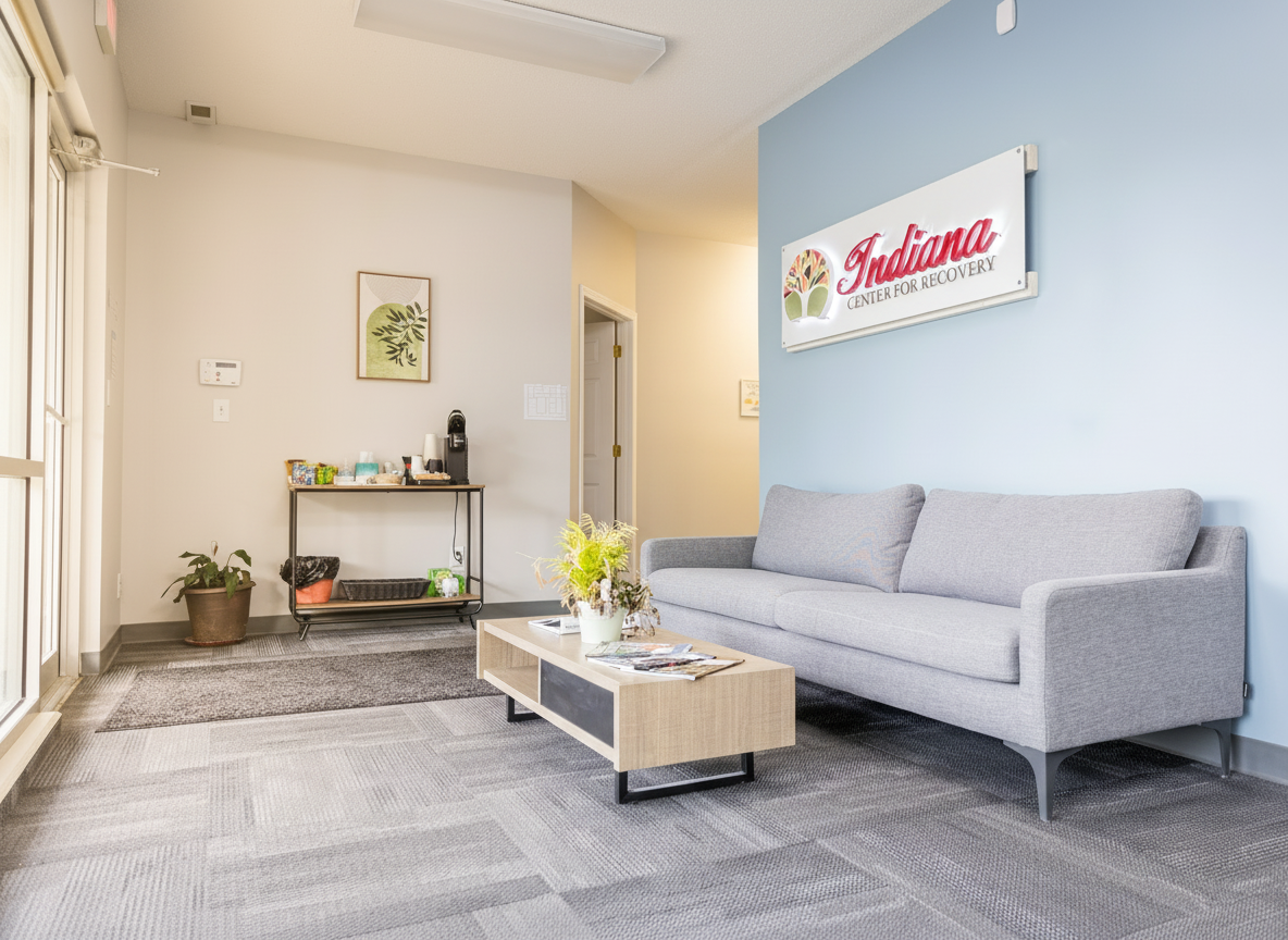 Bright lobby with sofa, coffee table, and refreshment area.
