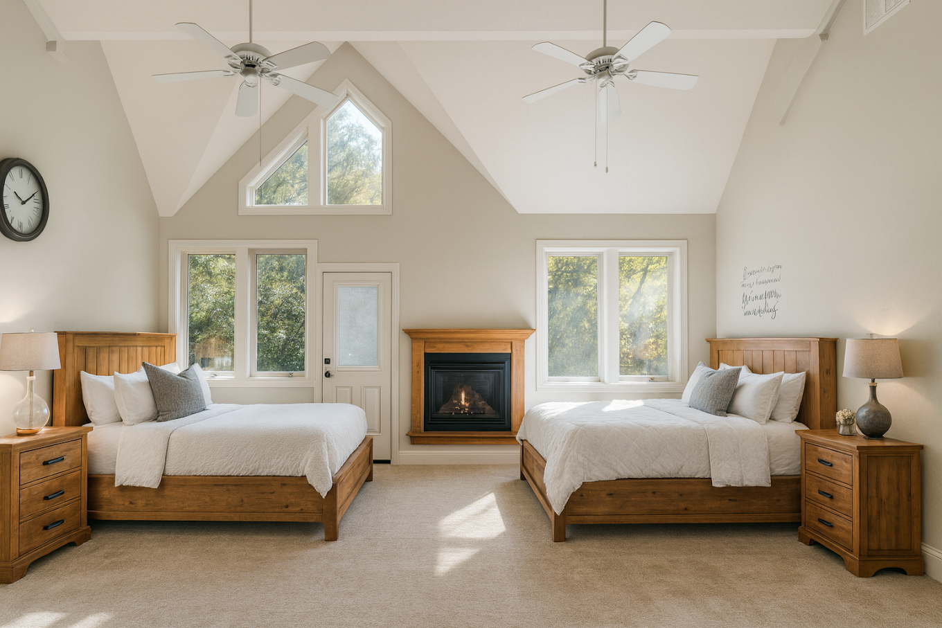 Shared bedroom with two beds and vaulted ceiling