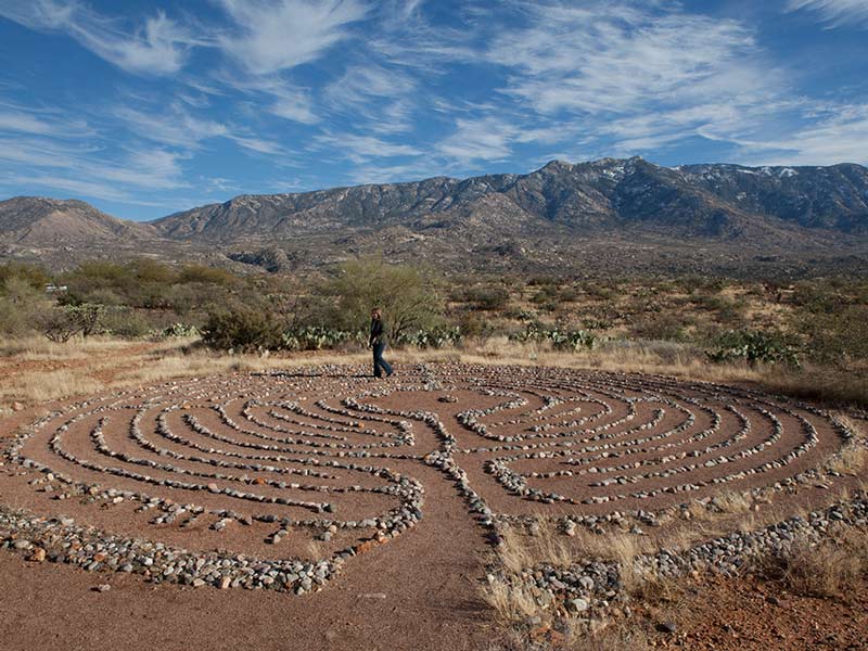 Stone labyrinth with mountain views at Sierra Tucson