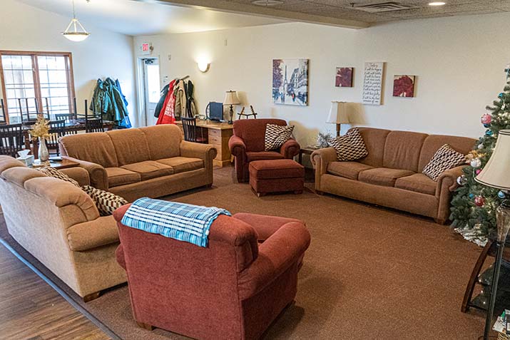 Lounge with sofas and chairs in shared common space
