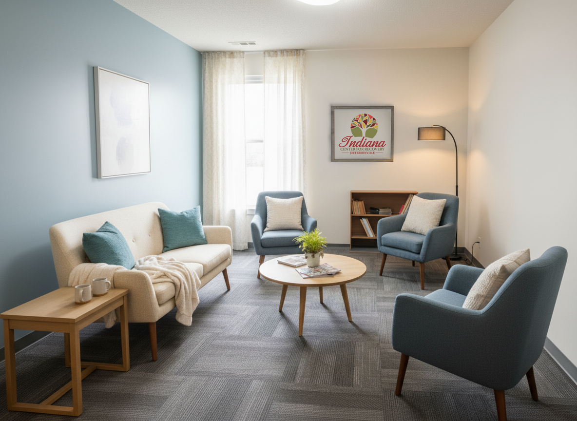 Calming therapy room with chairs, sofa, and natural light.