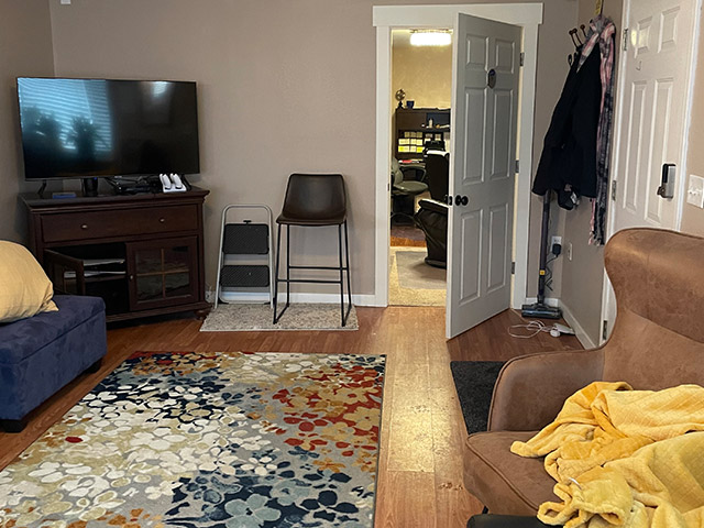 TV lounge with colorful rug and seating