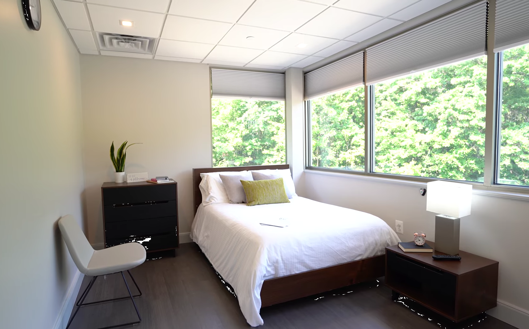 Private bedroom with full bed, dresser, and large windows