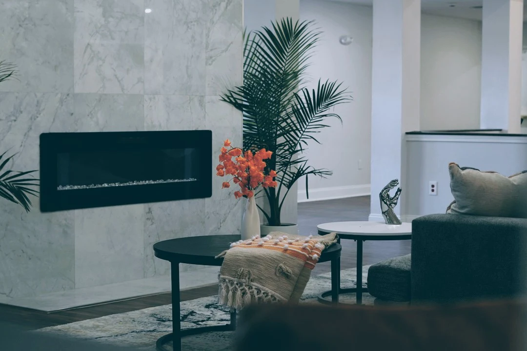 Lounge with fireplace and indoor plants