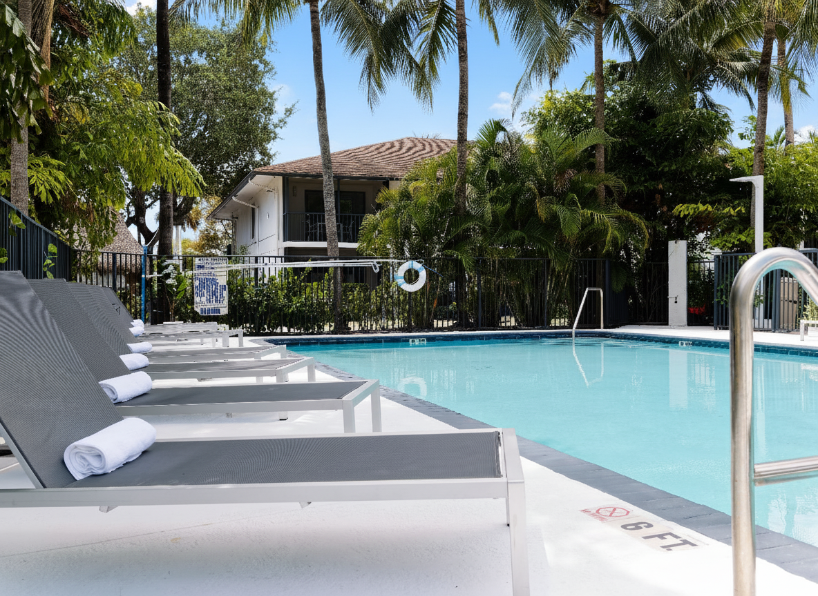 Poolside lounge chairs beside a clear blue outdoor swimming pool.