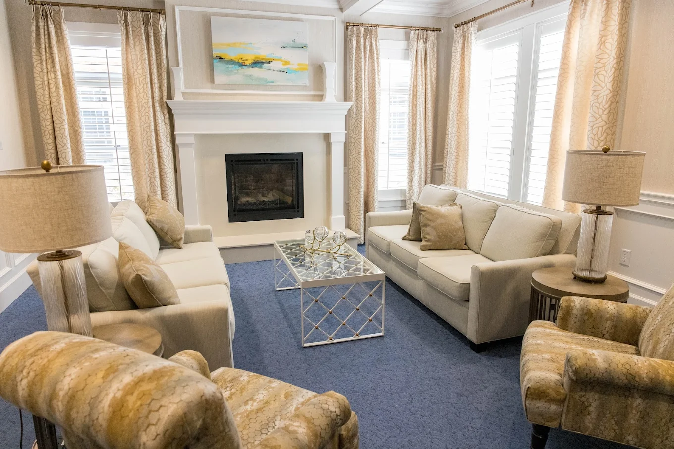 Living room with fireplace and comfortable seating