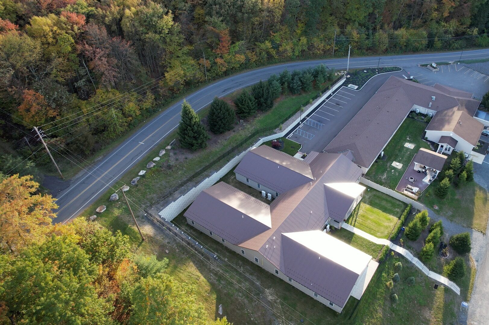 Overhead view of the center surrounded by trees