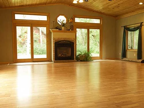 Spacious room with hardwood floors and fireplace