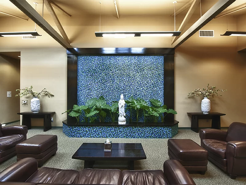 Comfortable lounge with seating and decorative indoor water wall